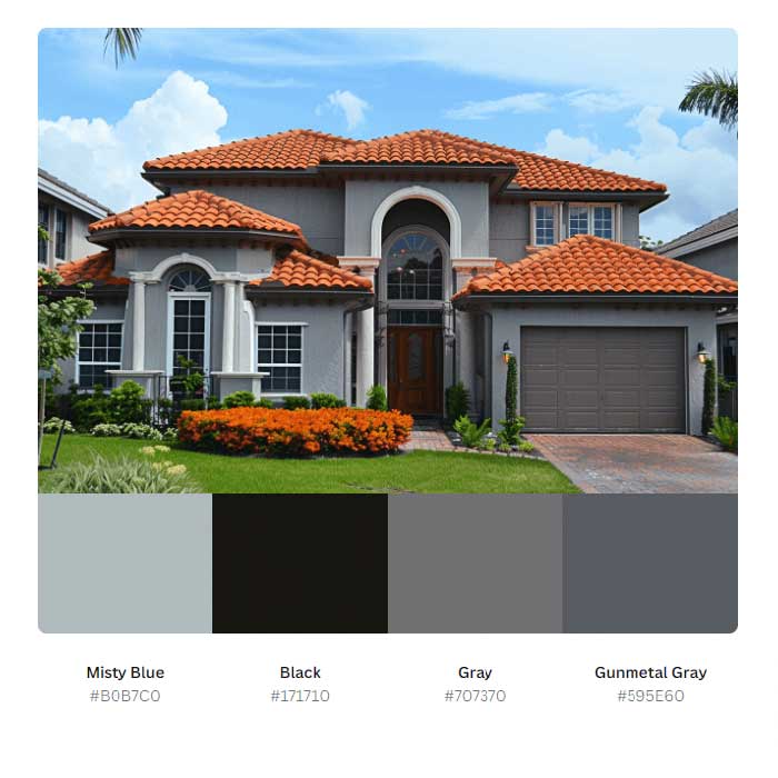 Terracotta-roof-on-a-house-with-gray-exterior-walls-with-color-samples