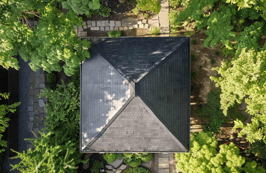 View from above of a shed that has a pyramid hip roof