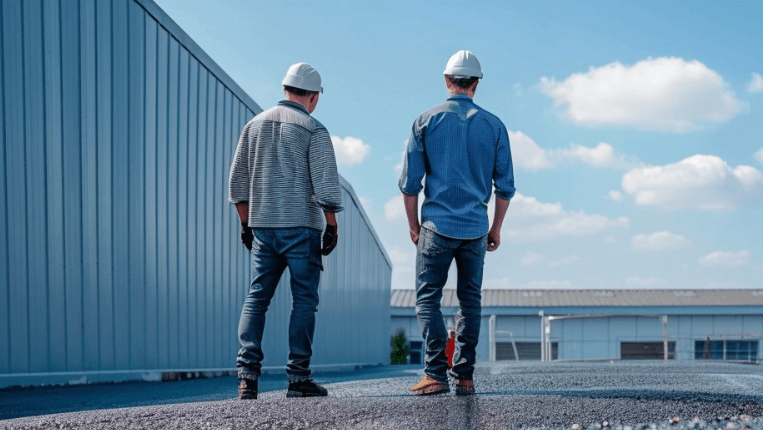 Two men standing on a tar and gravel roof