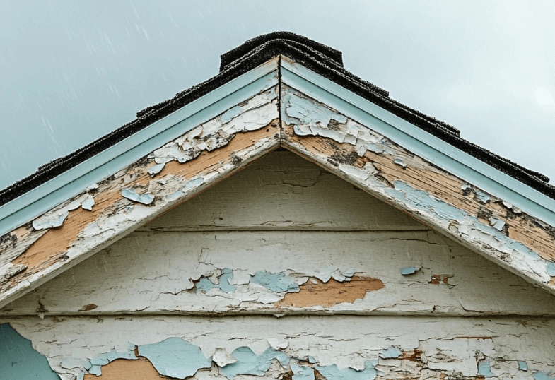 Worn down fascia with peeling paint on house