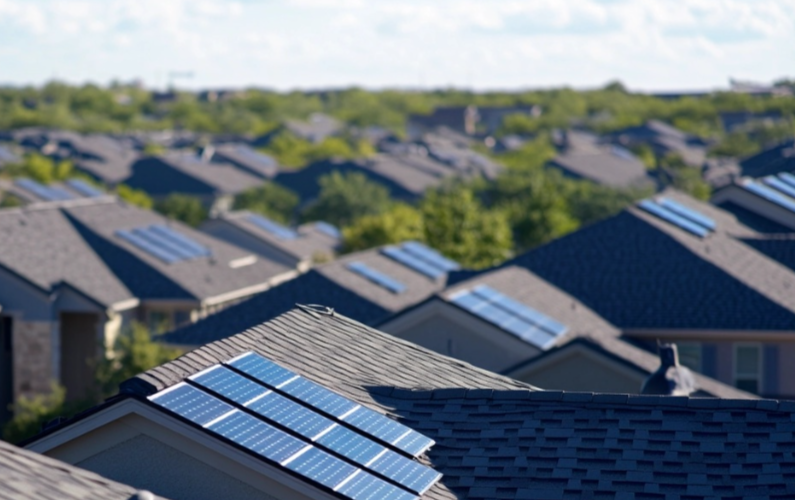 a roof view of solar panels on several houses