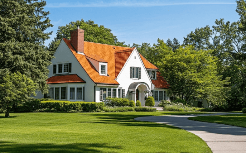 a steep gable roof on a suburban home