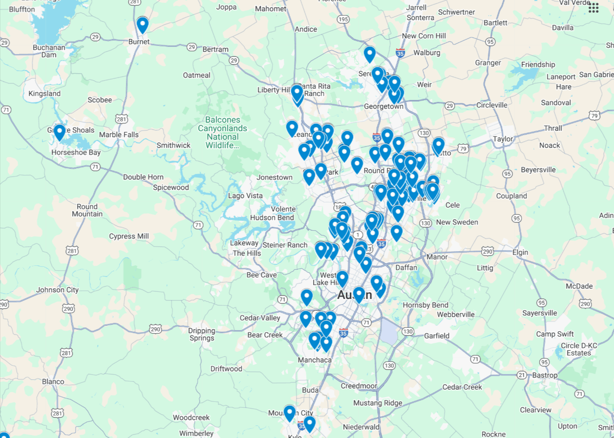 Map showing completed Presidio Roofing jobs across the Austin service area