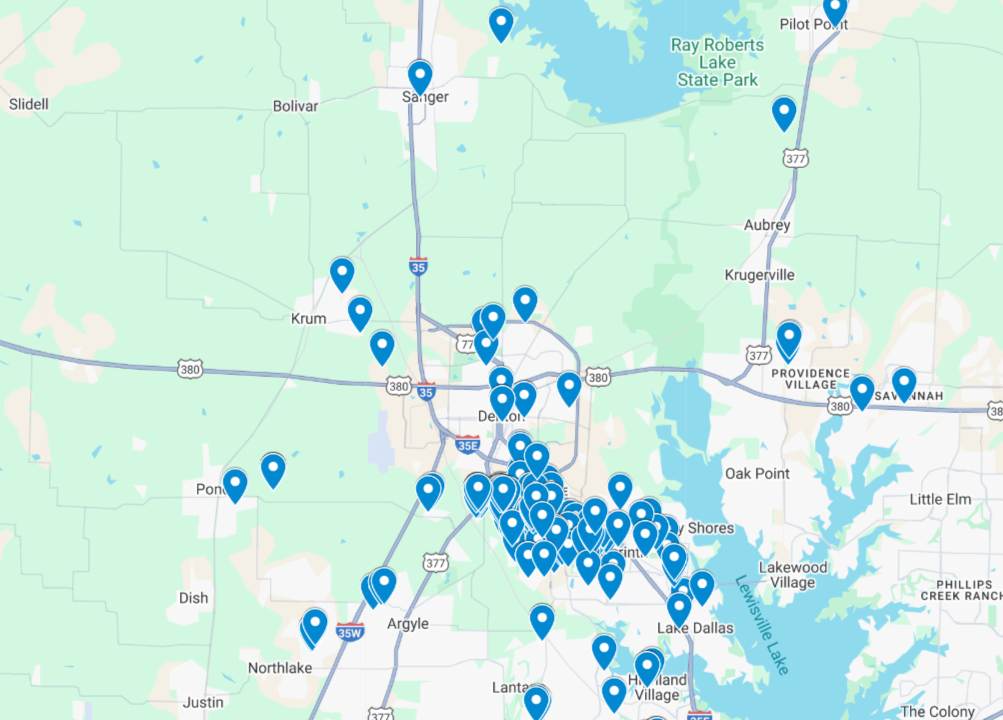 Map showing completed Presidio Roofing jobs across the Denton service area